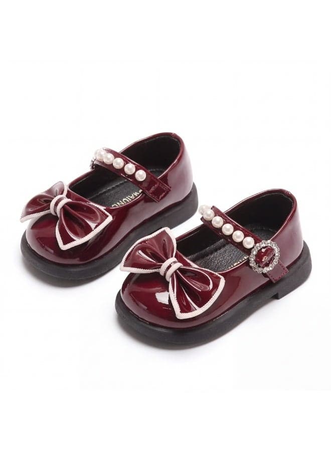 Babycare Baby Princess Shoes Red – Elegant Girls Dress Shoes with Bow & Pearl Strap, Soft Leather Toddler Shoes, Anti-Slip Sole, Comfortable First Walking Shoes for Baby Girls Party & Daily Wear