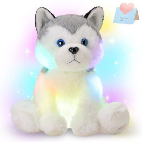 Houwsbaby 12 Gray Light up Husky Stuffed Animal Dog Floppy LED Plush Toy Puppy Night Lights Glow Pillow Birthday Festival for Kids Toddler Girls