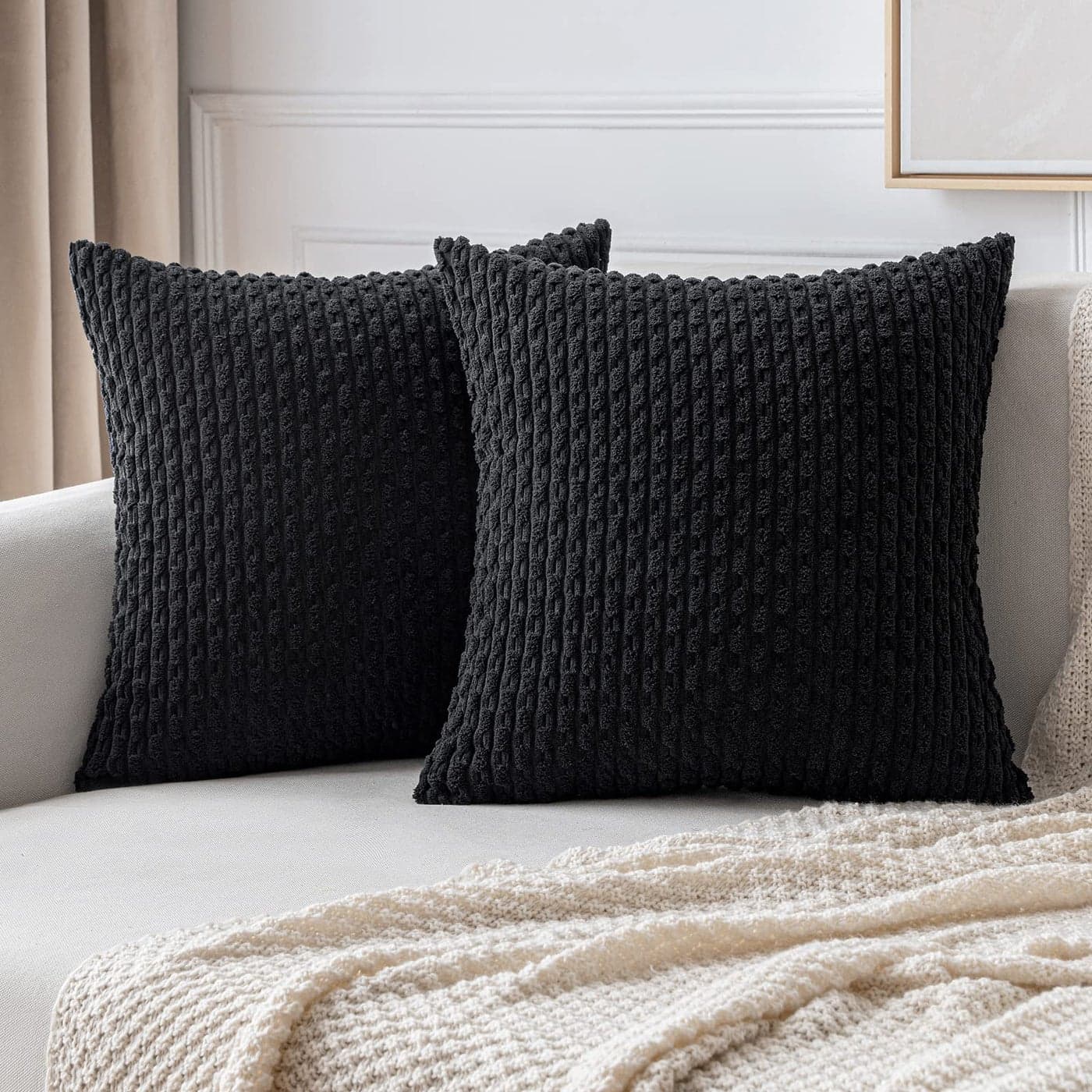 MIULEE Throw Pillow Covers Soft Corduroy Decorative Set of 2 Boho Striped Pillow Covers Pillowcases Farmhouse Home Decor for Couch Bed Sofa Living Room 18x18 Inch Black