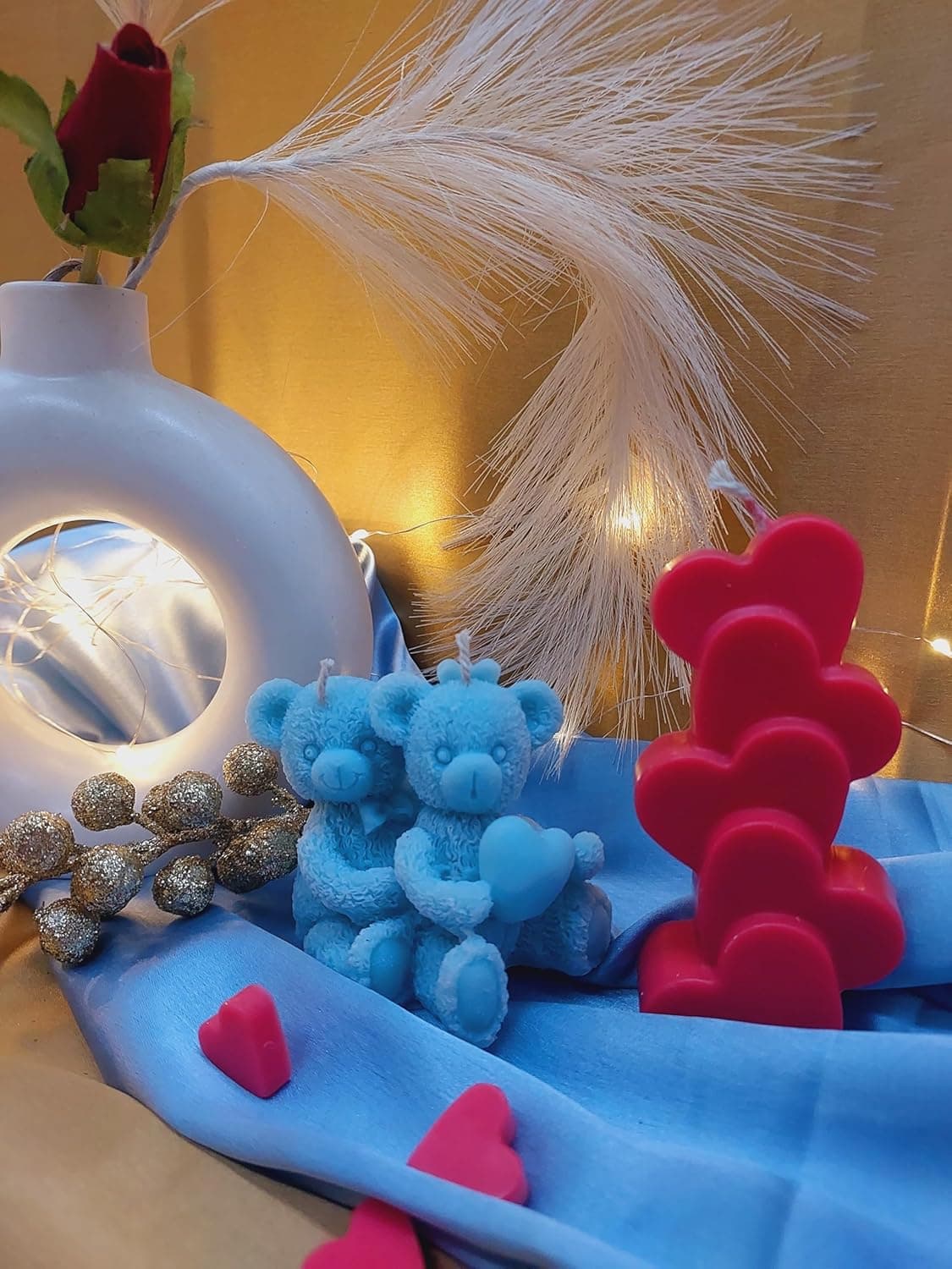 Set of Decorative Teddy Bear HeartShaped Candles Unique Gifting Combo Blue