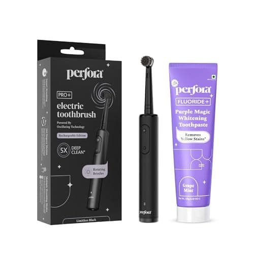 Perfora PRO Oscillating Electric Tooth Brush & Purple Whitening Toothpaste Oral Care Combo | 2 Years Warranty | Rechargeable Electric Toothbrush For Men & Women, 8800 RPM, 2 min Auto Timer(Limitless Black)