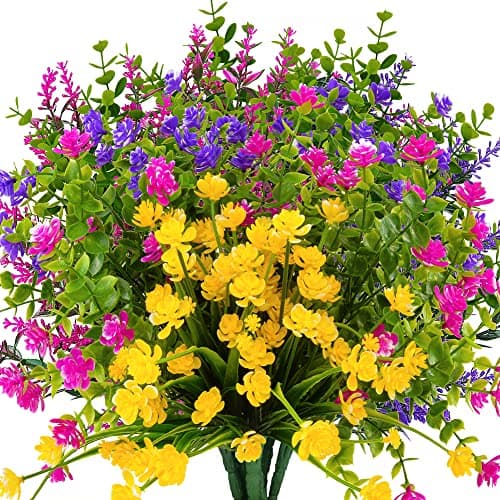 KLEMOO 12 Bundles Outdoor Artificial Fake Flowers UV Resistant No Fade Boxwood Faux Plastic Shrubs Plants for Garden Patio Porch Window Box Home Wedding Farmhouse Hanging Décor