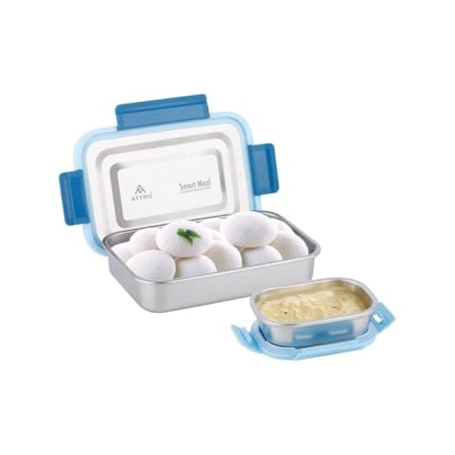 ATTRO Smart Meal Medium Stainless Steel Lunch Box with 1 Small Container Airtight Spill-Proof BPA Free Food Grade Ideal for Office, School, Picnic- Blue-800ml+170ml