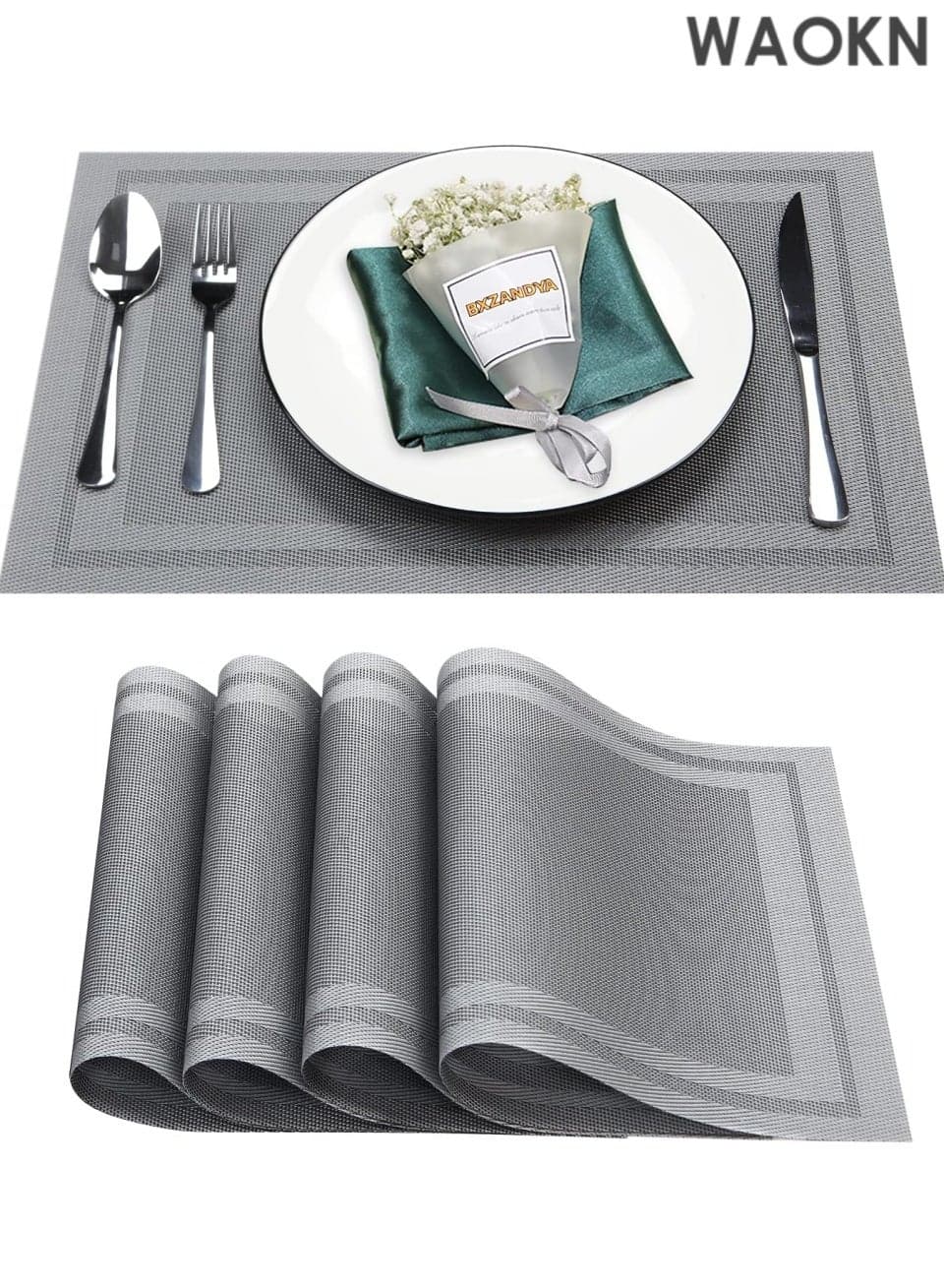 Placemats Set of 4 - Premium Washable Vinyl Woven Table Mats - Heat & Stain Resistant Non-Slip PVC Placemats for Indoor/Outdoor Use - Durable Restaurant-Grade Table Protection Mats (Silver, 12x18 Inches)