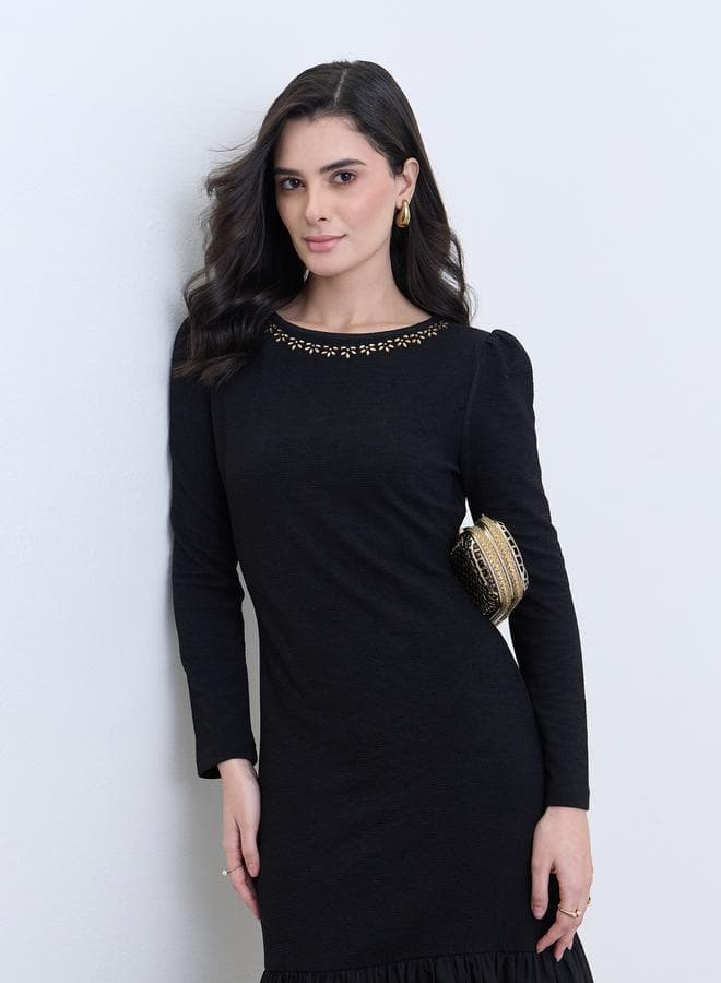 Women Black Embellished Neckline Midi Dress