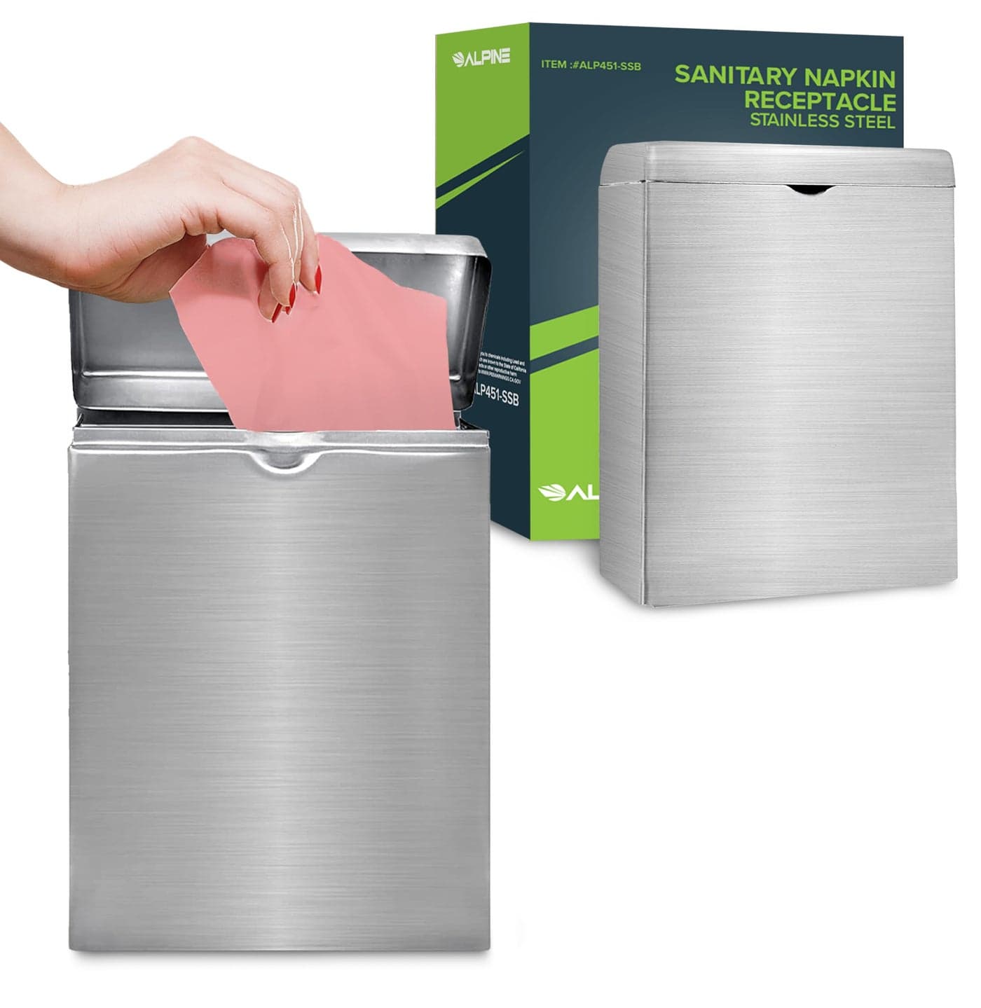 Alpine Sanitary Napkin Receptacle Wall Mounted Tampon Holder For Bathroom Provides Clean OdorFree Restroom for Home Office Public Restrooms Stainless steel