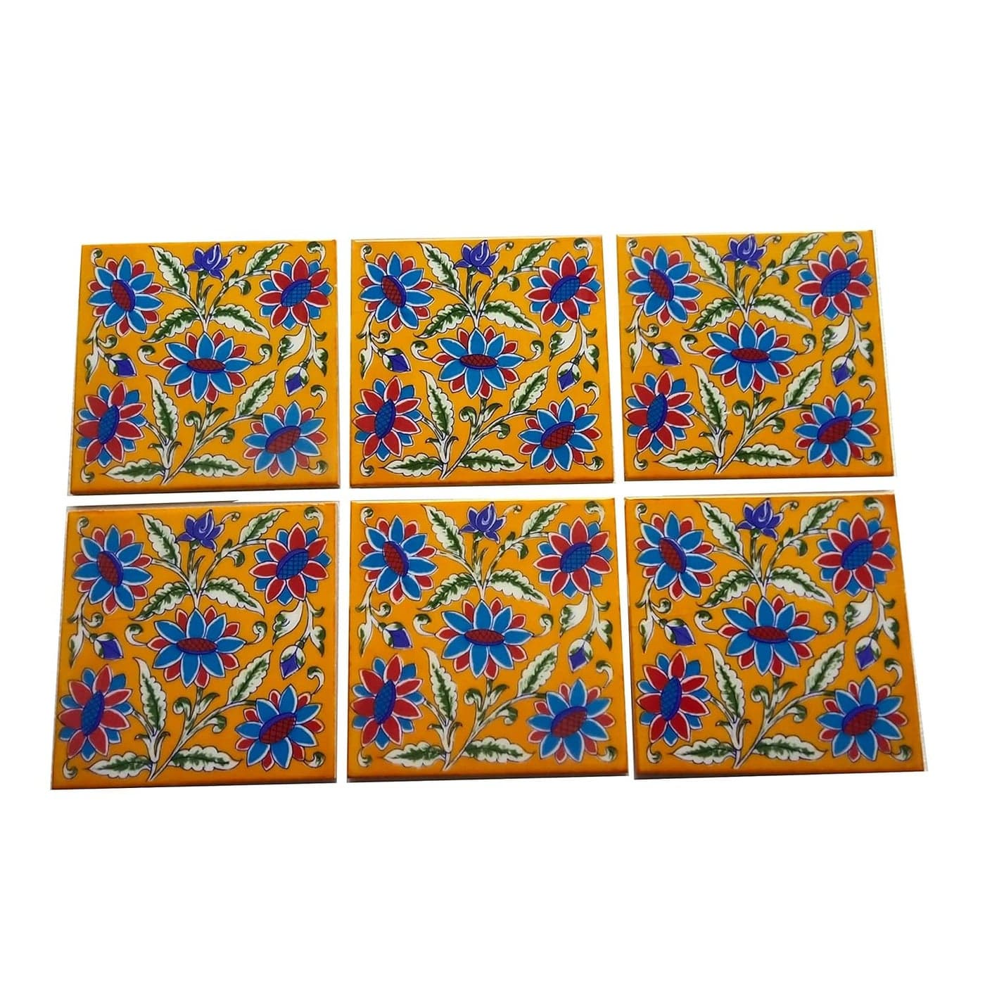 Shiv Kripa Blue Pottery Home Decorative Ceramic Wall Hanging Tile Design Flooring Tiles Floral Kitchen Washroom Mosaic Furniture Tile Handmade Backsplash 6 x 6 Inches Tile Pack of 6 Yellow