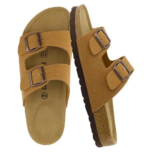 CUSHIONAIRE Lane Cork Footbed Sandals for Women – Comfortable Double Buckle Slip-On with Genuine Suede Footbed & Arch Support Slides for Women Footwear, TAN 7.5