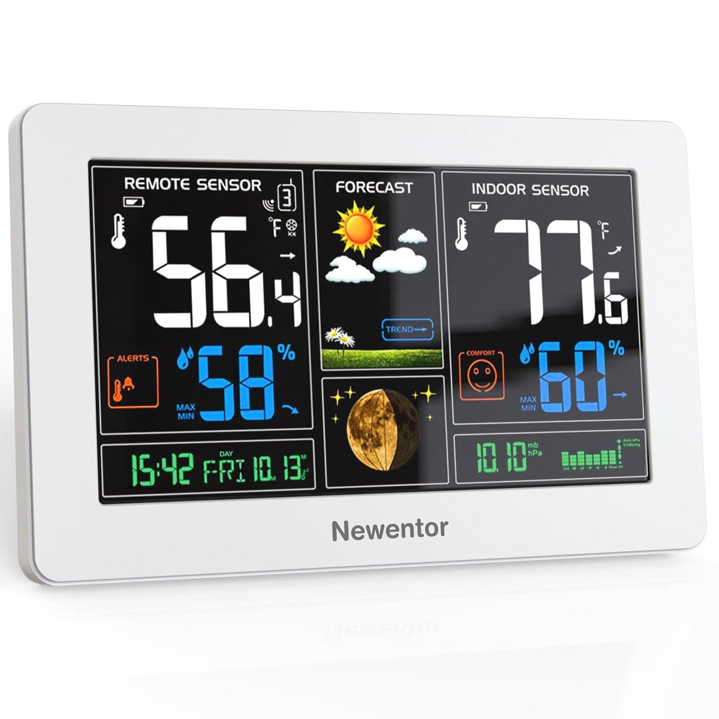 Newentor Weather Station Wireless Indoor Outdoor Thermometer Color Display Digital Weather Thermometer with Atomic Clock Barometric Pressure Forecast Station with Adjustable Backlight White