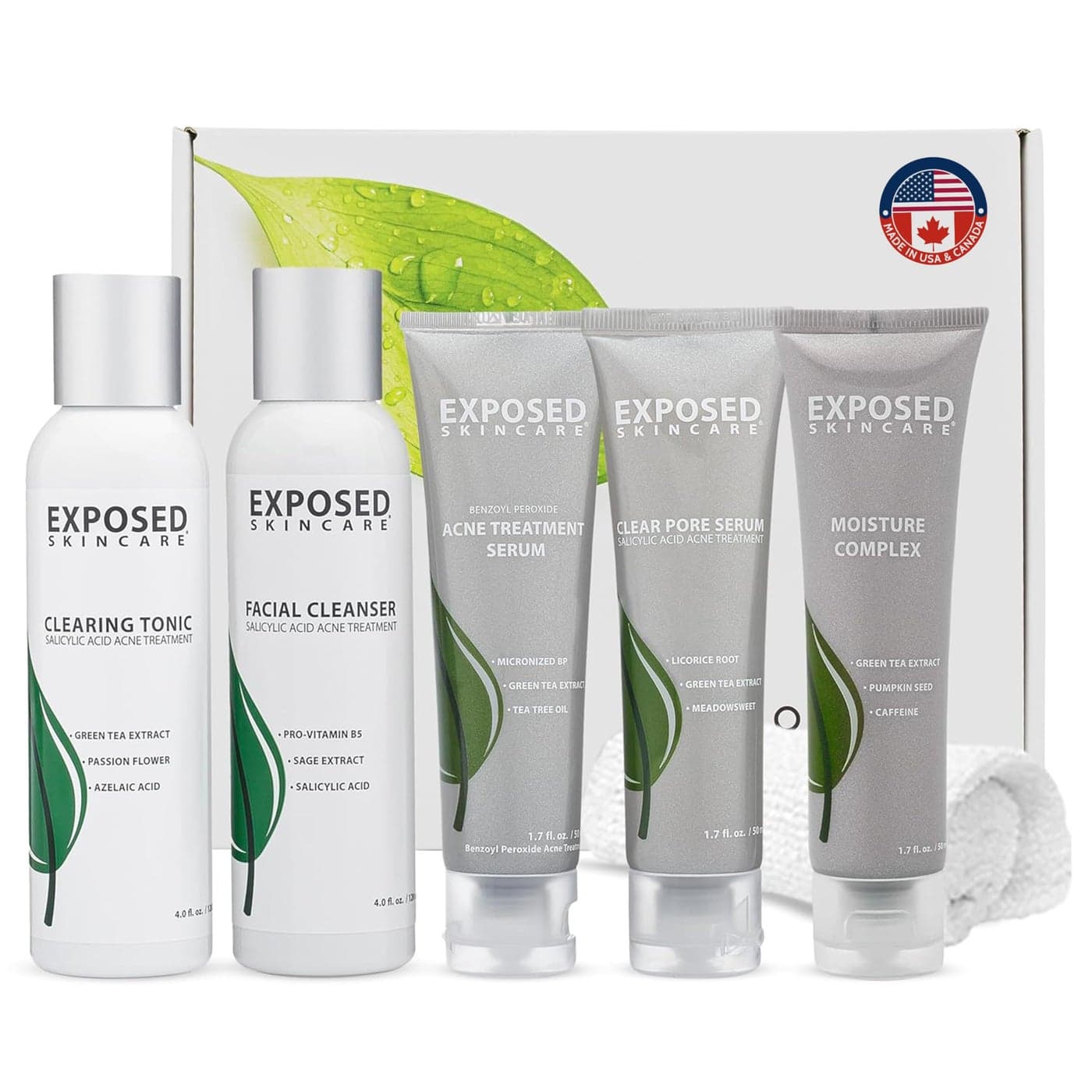 Exposed Skin Care Expanded Acne Treatment Kit Includes Salicylic Acid Face Wash Clearing Tonic Treatment Serum with Benzoyl Peroxide Clear Pore Serum Moisture Complex Made for All Skin Types