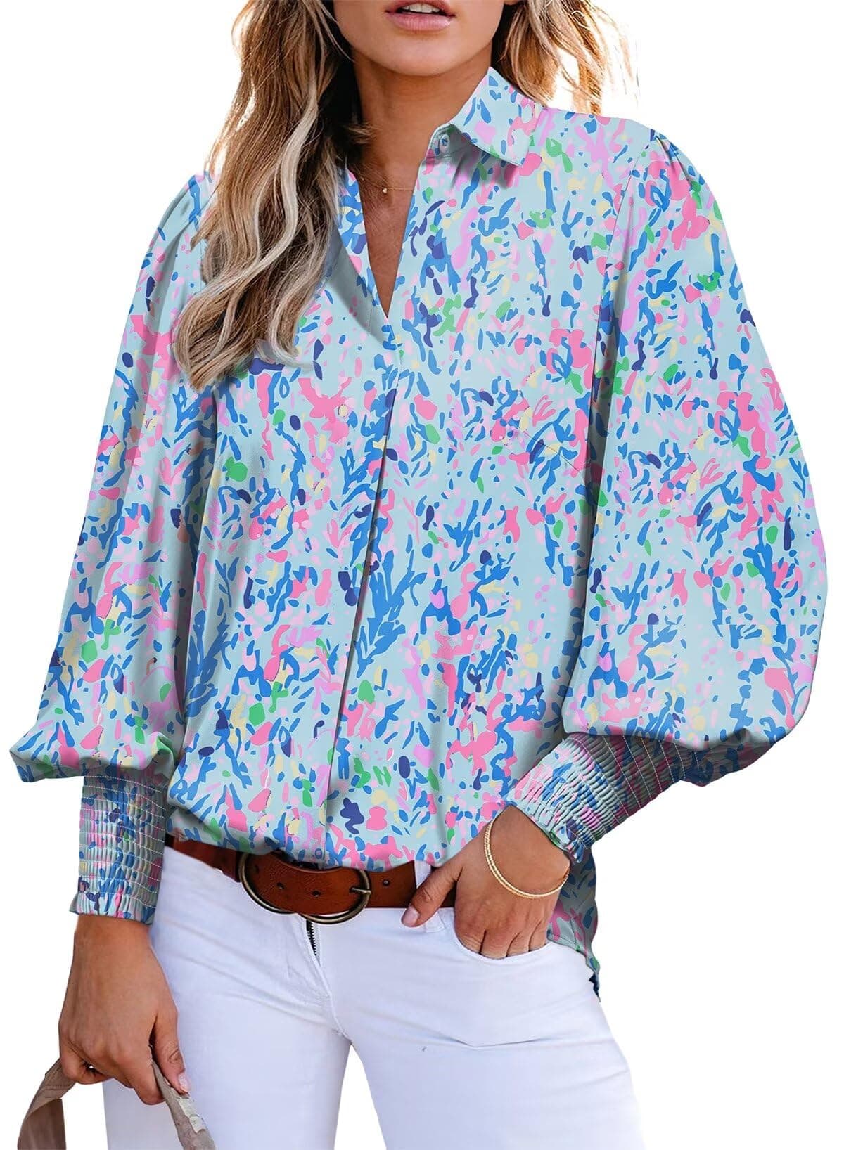 Astylish Oversized Boho Shirts for Women Spring Paisley V-Neck Lantern Long Sleeve Blouse Collar Button Down Tunic Tops Dressy Blue Small