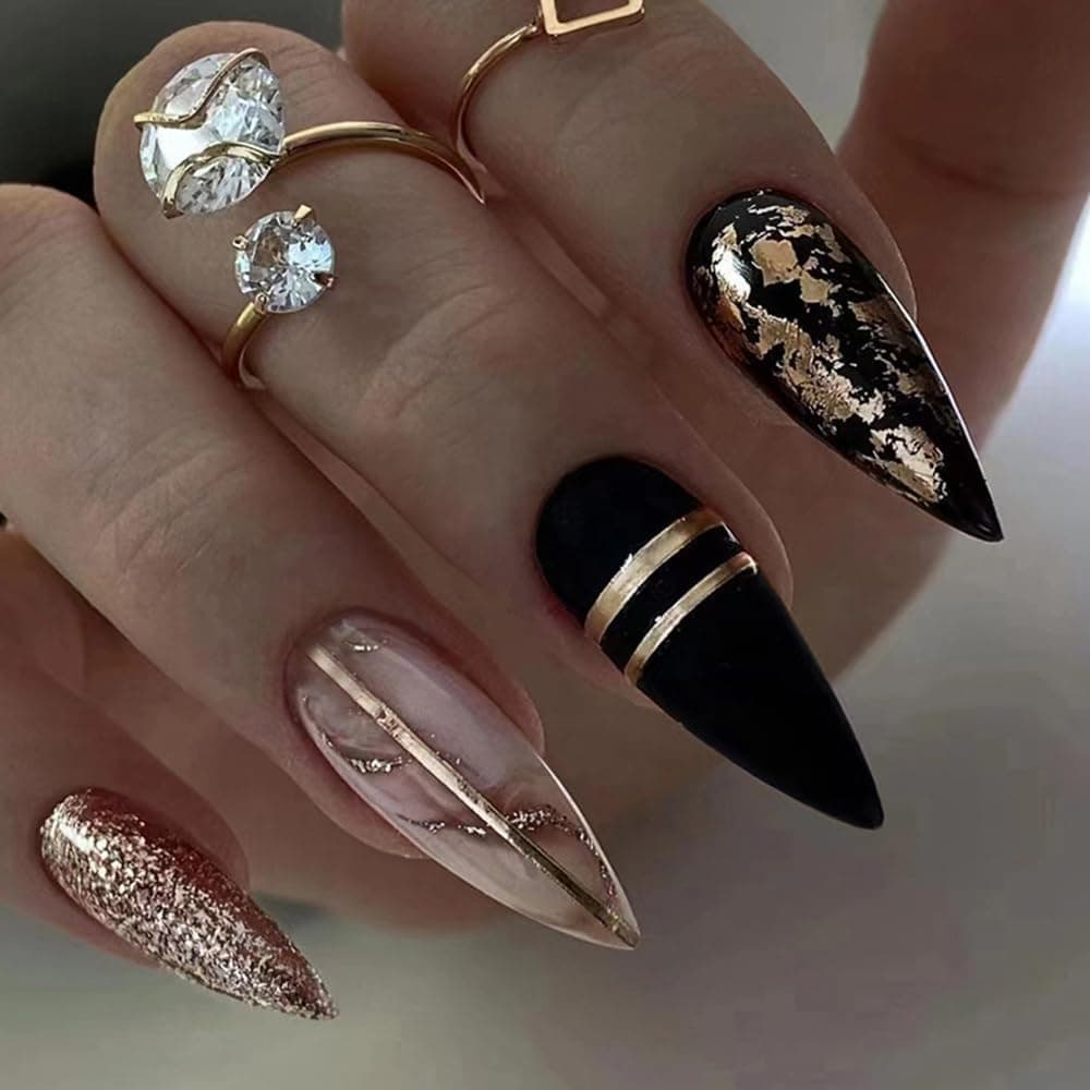 24PCS Long False Nails with Glue Stickers Almond Full Cover Acrylic Press on Nails no GlueBlack Amber Gold Foil French Fake Nails for Women and Girls Nail Art