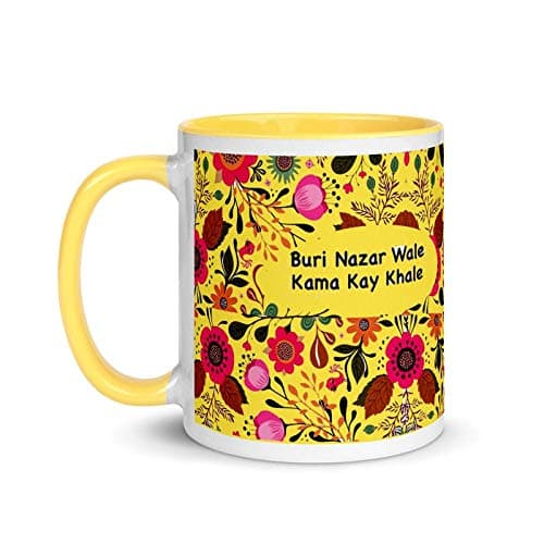 TAJNAN Buri Nazar Wale Tera MUH Kala Ceramic Mug with Funny Hindi Quote, Yellow Coffee Cup for Home Office, Unique Gift for Friends and Family