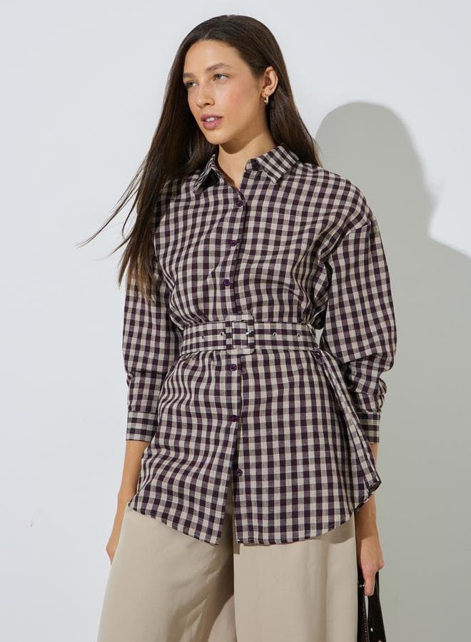 Brown Checkered Longline Shirt with Belt