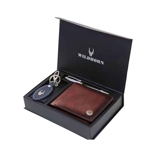 WildHorn Leather Wallet, Keychain & Pen Combo I Gift Hamper For Men (Crackle), Assorted