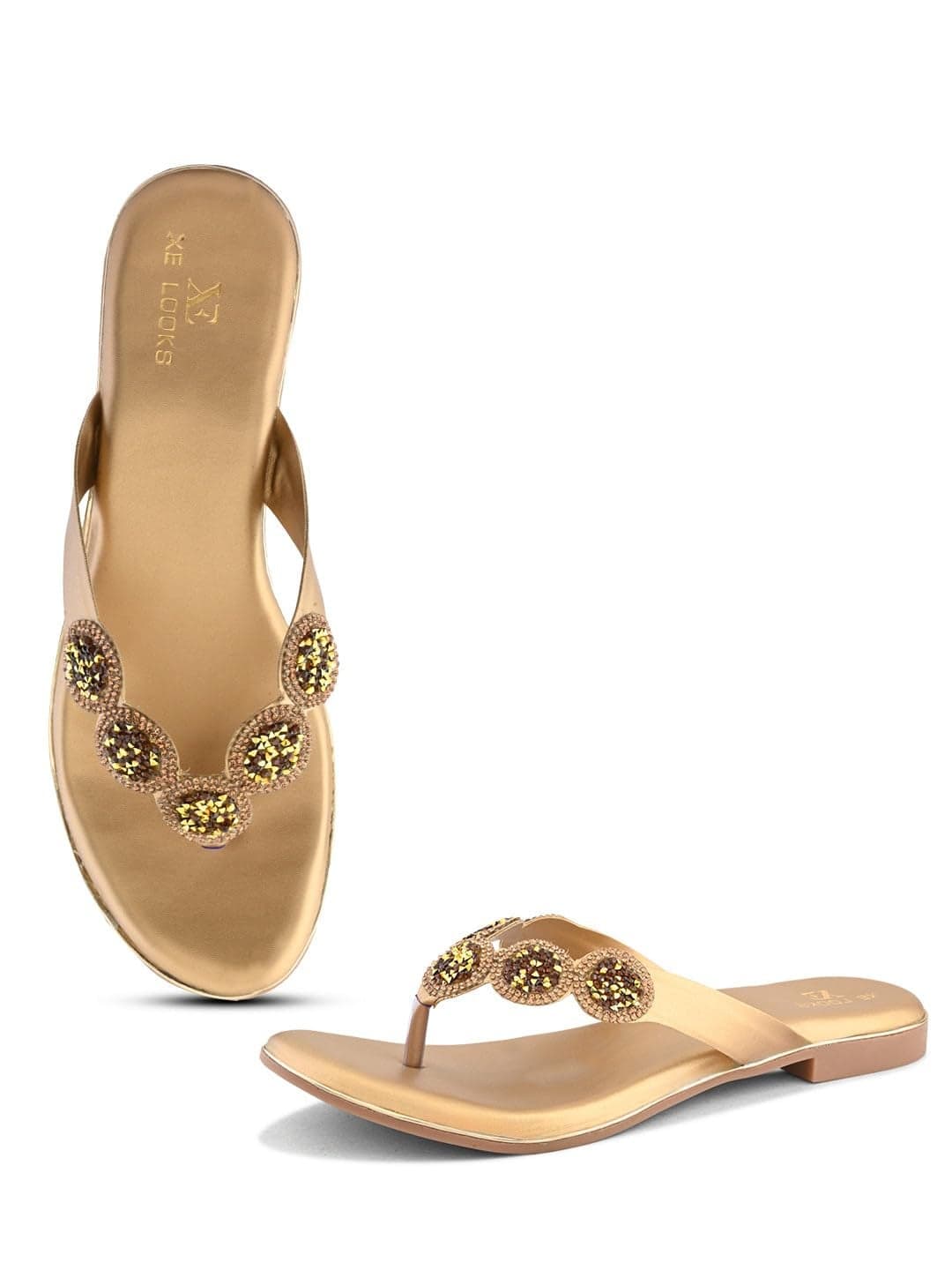 XE Looks Women's Copper Flat Sandal | Rhinestone-Stylish Thong Slippers | Comfortable & Fashion-Forward Design For Girls & Women