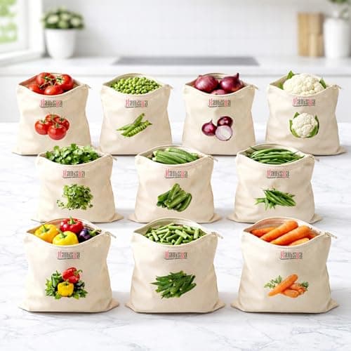 KANISYA Reusable Cotton Vegetable Storage Bags for Fridge | Washable Breathable Cloth Produce Bags | Plastic Free Refrigerator Kitchen Organizer for Fruits & Vegetables, 12 x 12 Inches (Pack of 10)