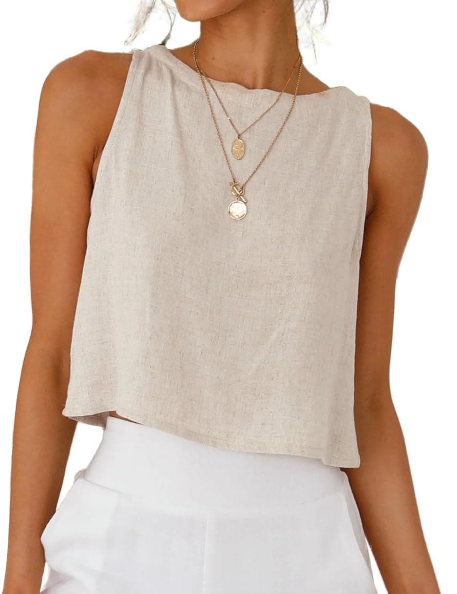 IDEALSANXUN Crop Tops for Women 2025 Spring Summer Flowy Cropped Sleeveless Cotton Linen Cute Tops, Beige, S