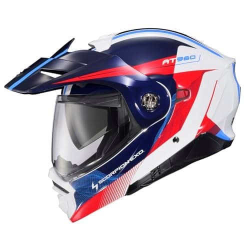 ScorpionEXO AT960 Modular Adventure Street Motorcycle Helmet with Bluetooth Ready Speaker Pockets DOT ECE Approved Topographic 2 (Red/White/Blue - Large)
