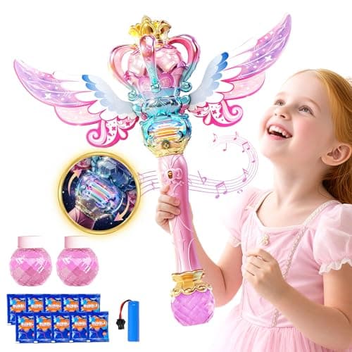 Uregoio Princess Bubble Wand for Girls Rechargeable Spinning Light Up Magic Fairy Scepter Bubble Machine Toy with 12 Bubble Refills Music Easter Birthday Gift for Kids Toddlers Age 38 Pink