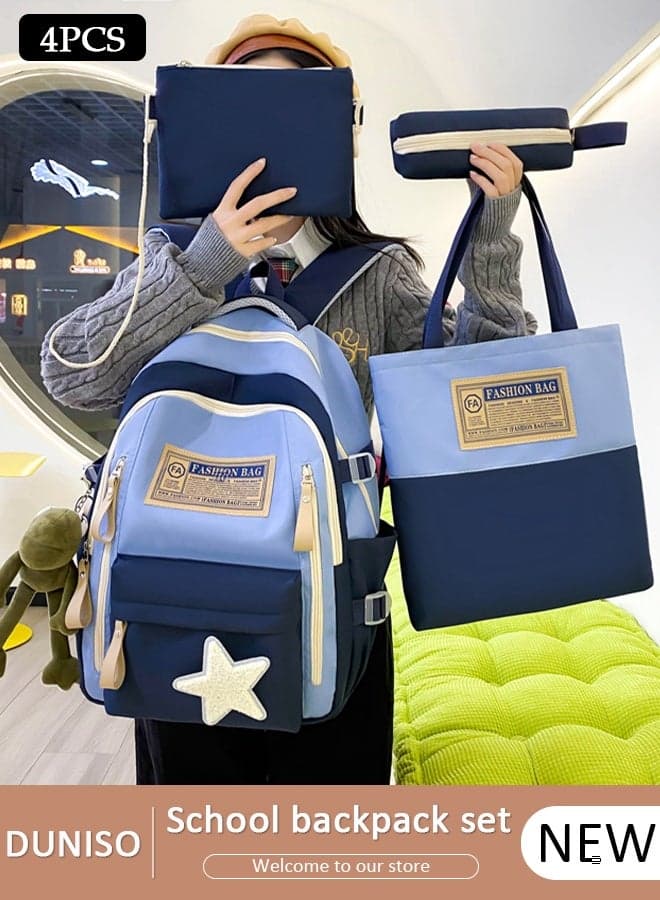 4PCS Kids School Backpack Set Canvas Laptop School Bag Sets for Kids with Tote Bag,Shoulder Bag,Pencil Box,Large-capacity Bookbag for Girls Boys Back to School Supplies
