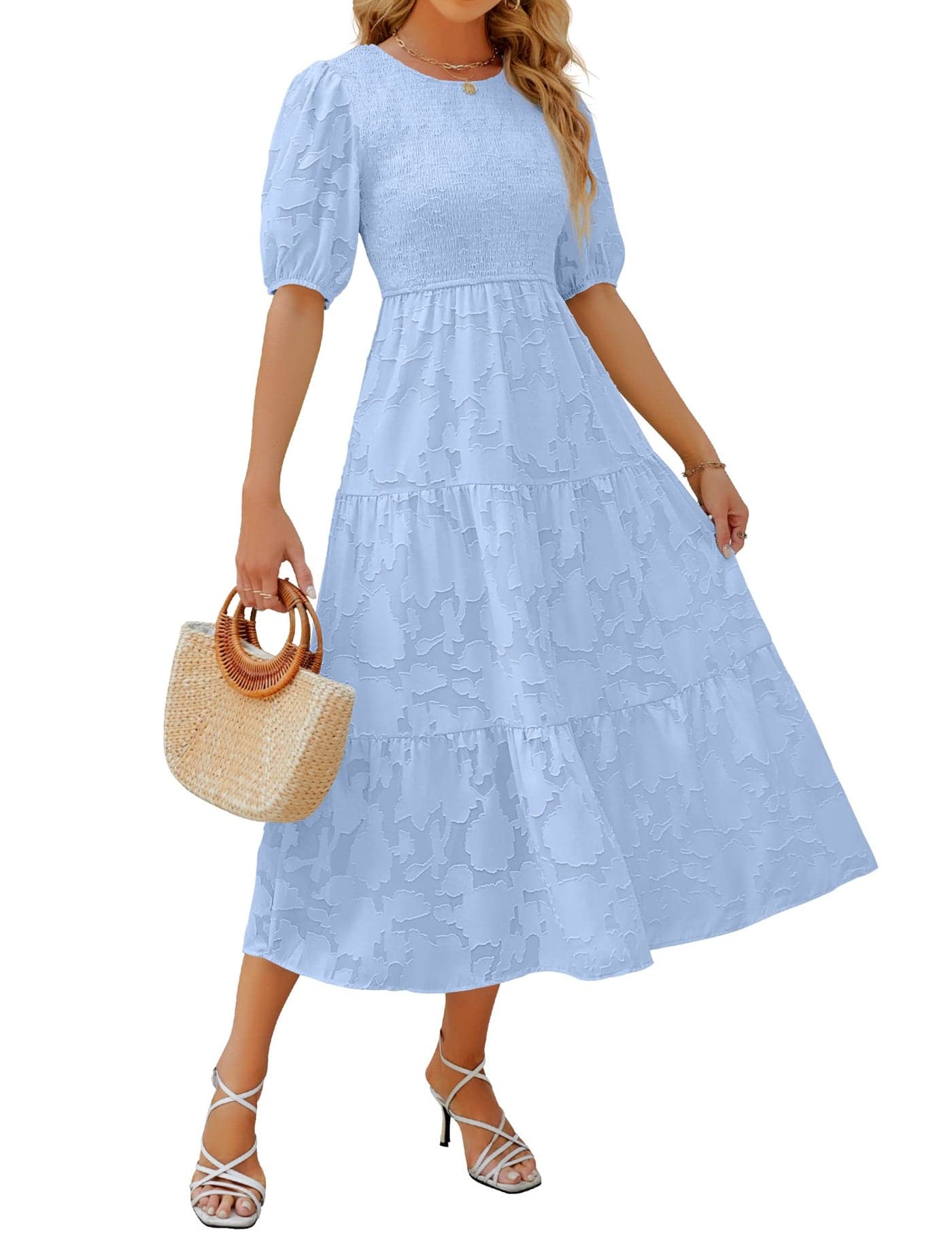 ZESICA Women's 2025 Summer Short Puff Sleeve Crewneck Smocked Floral Lace Flowy A Line Tiered Maxi Dresses,LightBlue,Medium