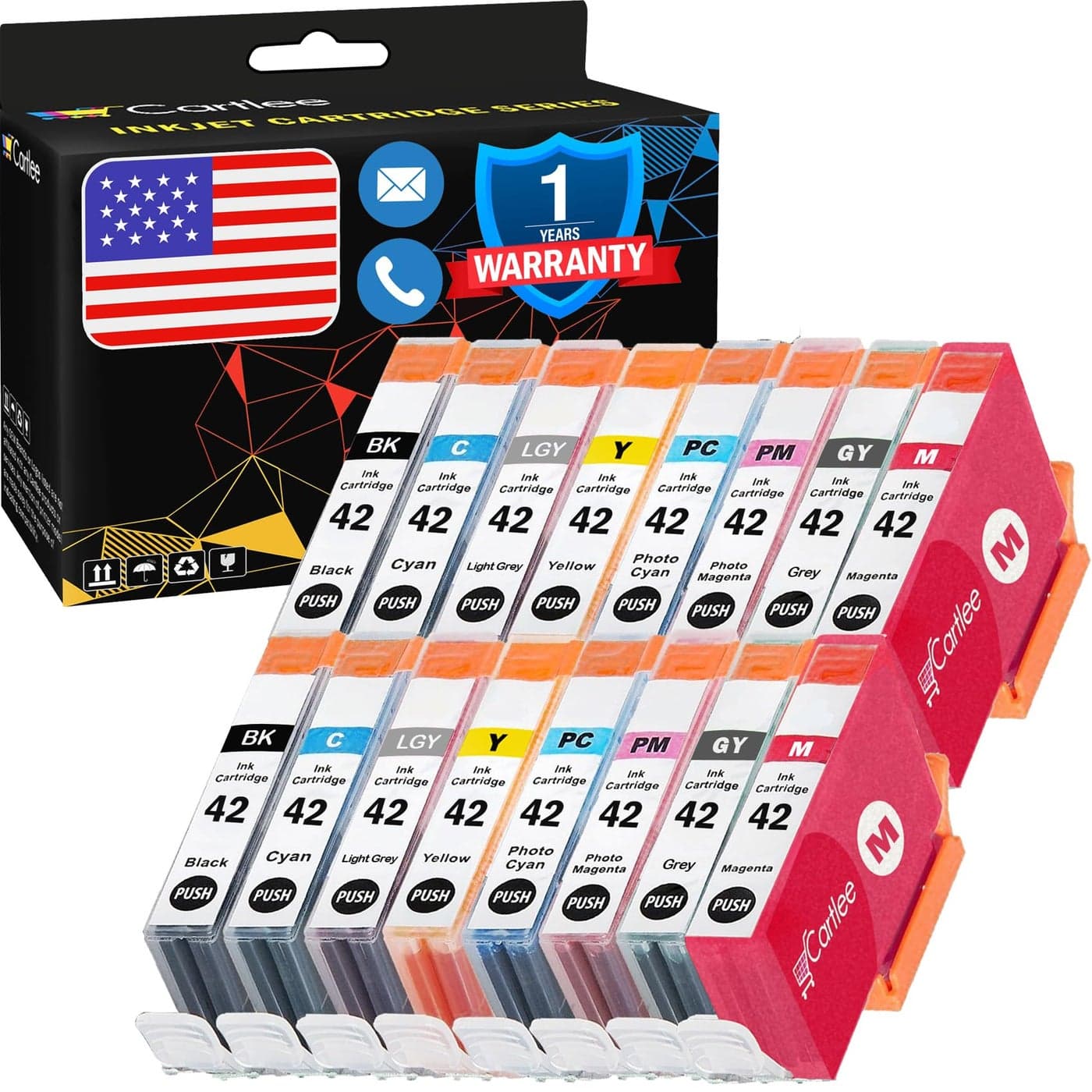 Cartlee Compatible Ink Cartridges Replacement for Canon CLI42 PIXMA PRO100 Pro100 100 100S CLI 42 16 Pack High Yield 2 Black 2 Cyan 2 Magenta 2 Yellow 2 PC 2 Photo M 2 Gray 2 Light Gray