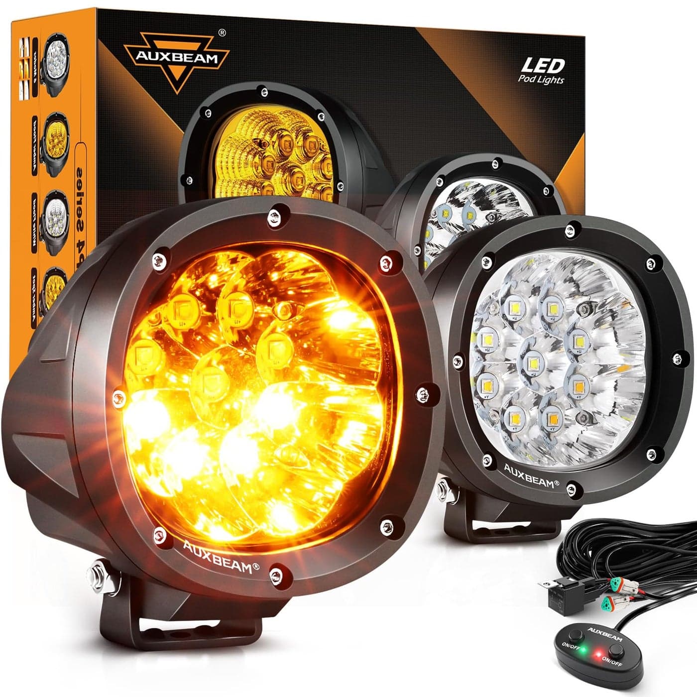 Auxbeam 6 Modes Amber White Round LED Pods P4 Series 4 Inch 90W Flashing Offroad Strobe Lights Dual Color Warning Off Road Fog Lights 4x4 ATV Car Truck Spotlights Pair