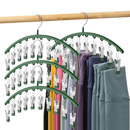 Legging Organizer for Closet, Metal Yoga Pants Hangers 4 Pack w/10 Clips Holds 40 Leggings, Space Saving Hanging Closet Organizer w/Rubber Coated Closet Organizers and Storage, Green