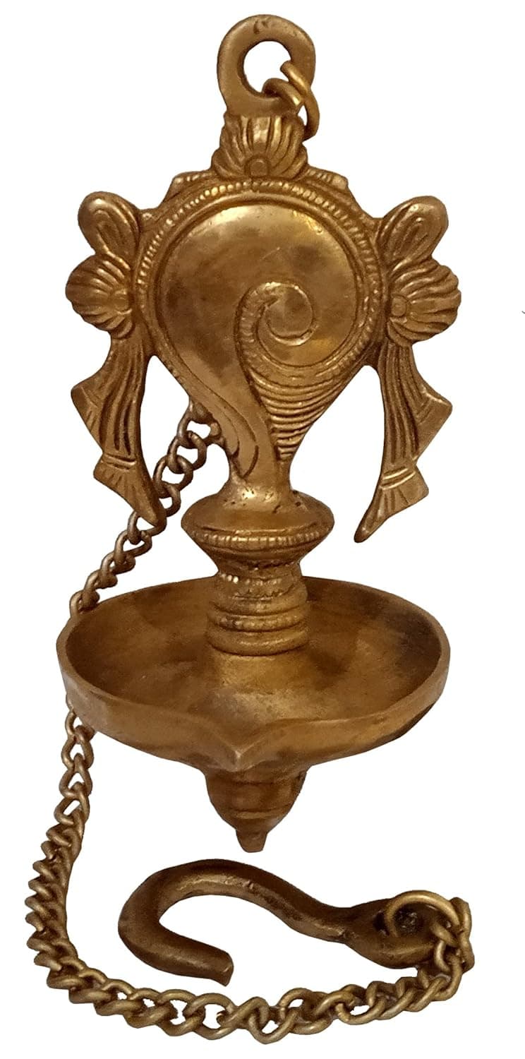 Purpledip Brass Hanging Diya Nila Vilakku Shankh Oil Lamp Gada Padma Padmanabha Swami Vishnu Symbol 12279