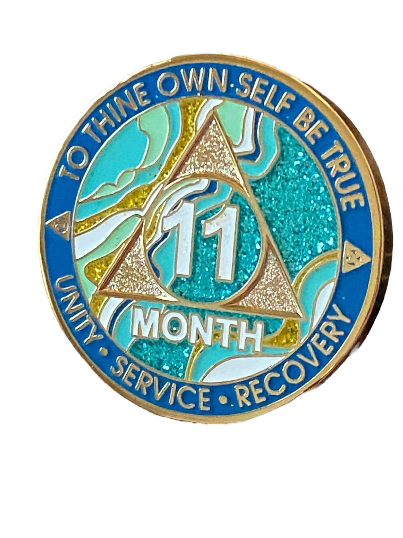 11 Month AA Medallion Elegant Marble Caribbean Aqua Glitter Sobriety Chip