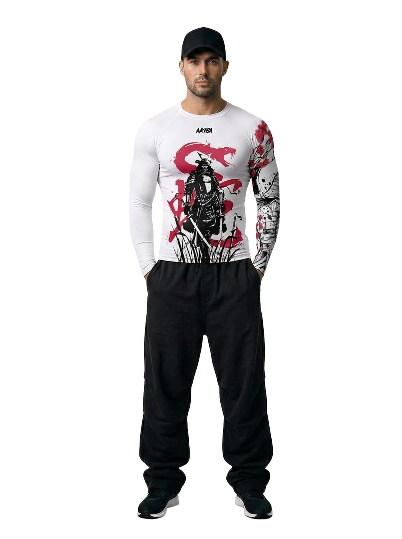 AKIBA Full Sleeve Compression Rash Guard for Men (White, 40) | Sweat-Wicking Athletic Fit Shirt for Gym, BJJ, Running, Cycling | Long Sleeve, Crew Neck, Plain Hem Design