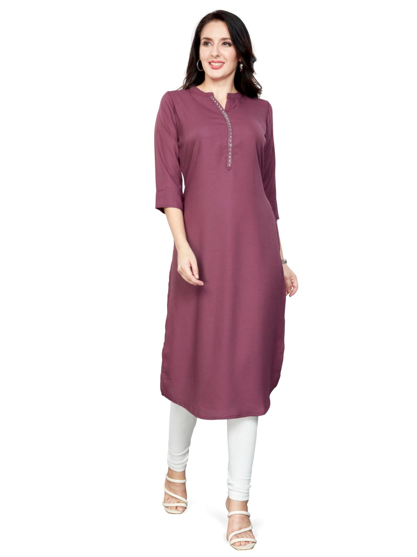 nioni Women's Straight Kurta, Mandarin Neck Fashionable Kurti for Girls and Women, 3/4 Sleeves (11547_Wine_XL)