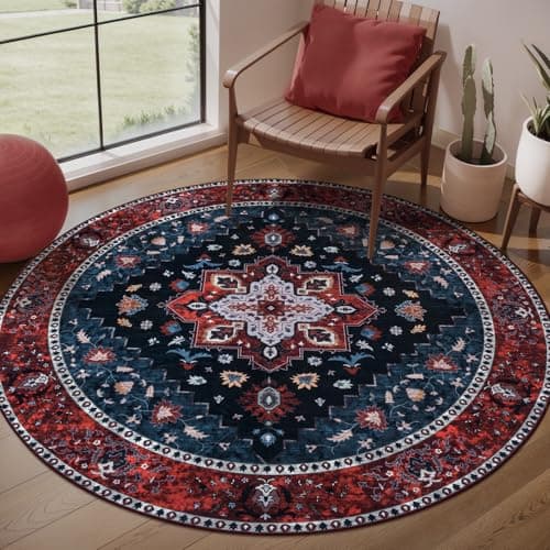 Ciicool 4ft Round Boho Area RugWashable Circle Rugs for Bedroom BedsideNonSlip Vintage Entryway Throw LowPile Indoor Carpet for Living Room Dining Room Kitchen