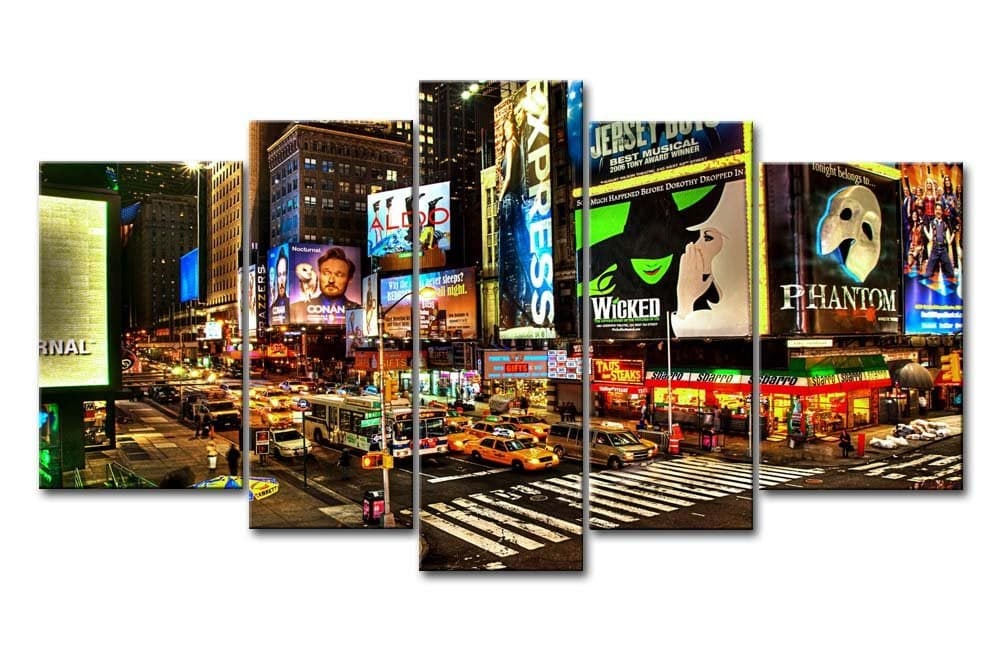 So Crazy Art Painting, Wall Art City Night Broadway Street, Modern Decoration Print on Canvas, 5 Panels, Oil for Home Bedroom Living Room Bathroom Decor