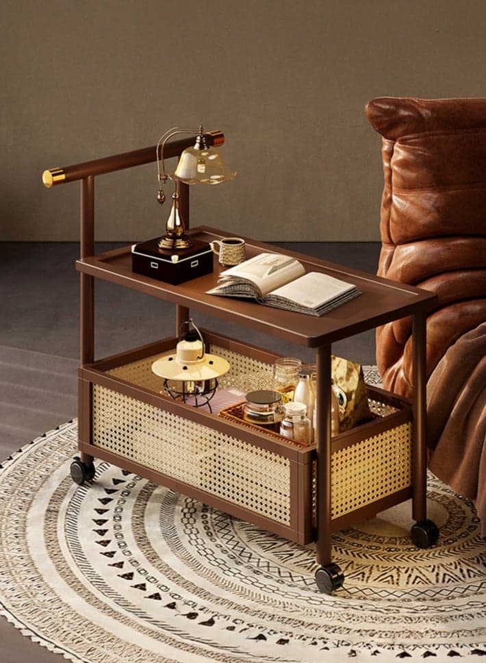 2-Tier Moveable Solid Wood Bedside Cabinet, Home Storage Rolling Cart, Vintage Side End Table, Sofa Side Table, Coffee Table, Bookcase, Couch Tray Desk with Wheels