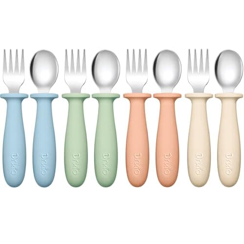DRKIO 8 Pieces Toddler Utensils Set - Kids Silverware Set with Silicone Handle Children Safe 18/8 Stainless Steel Forks and Spoons Anti-Choke Design Food Grade Dishwasher Safe