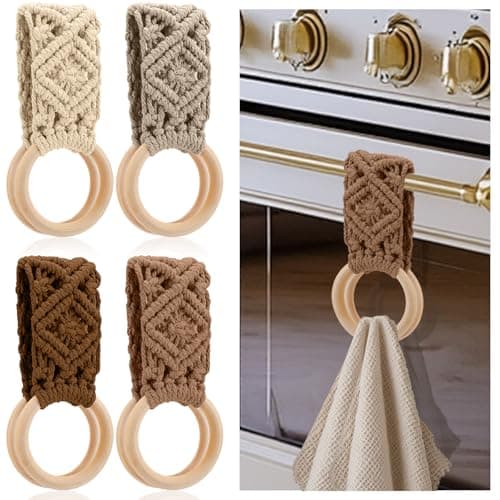 Tioncy 4 Pcs Kitchen Dish Towel Holder Gifts for Mother Boho Handmade Crochet Hanging Towels Loop Ring Knit Towel Hanger for Cabinet House Oven Stove Door, 4 Colors(Brown)