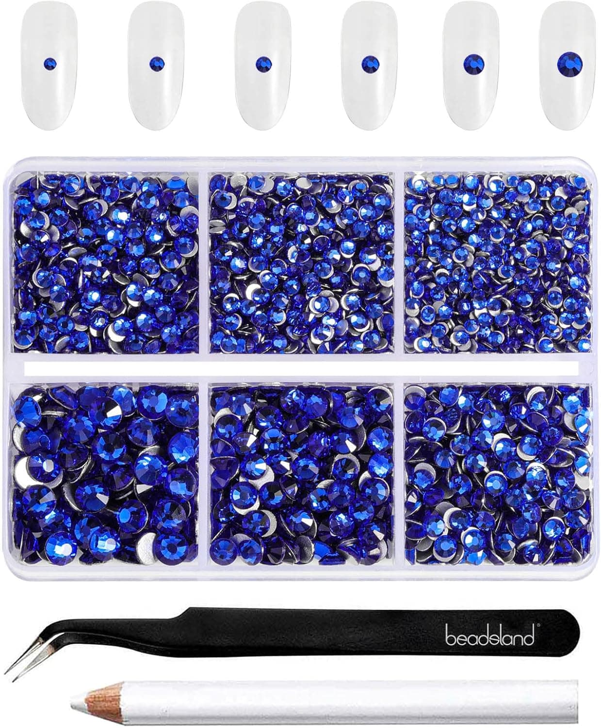 Beadsland 4300pcs Flatback Rhinestones,Royal Blue Rhinestones Nail Gems Round Crystal Rhinestones for Crafts,Mixed 6 Sizes with Picking Tweezers and Wax Pencil Kit, SS6-SS20,Sapphire