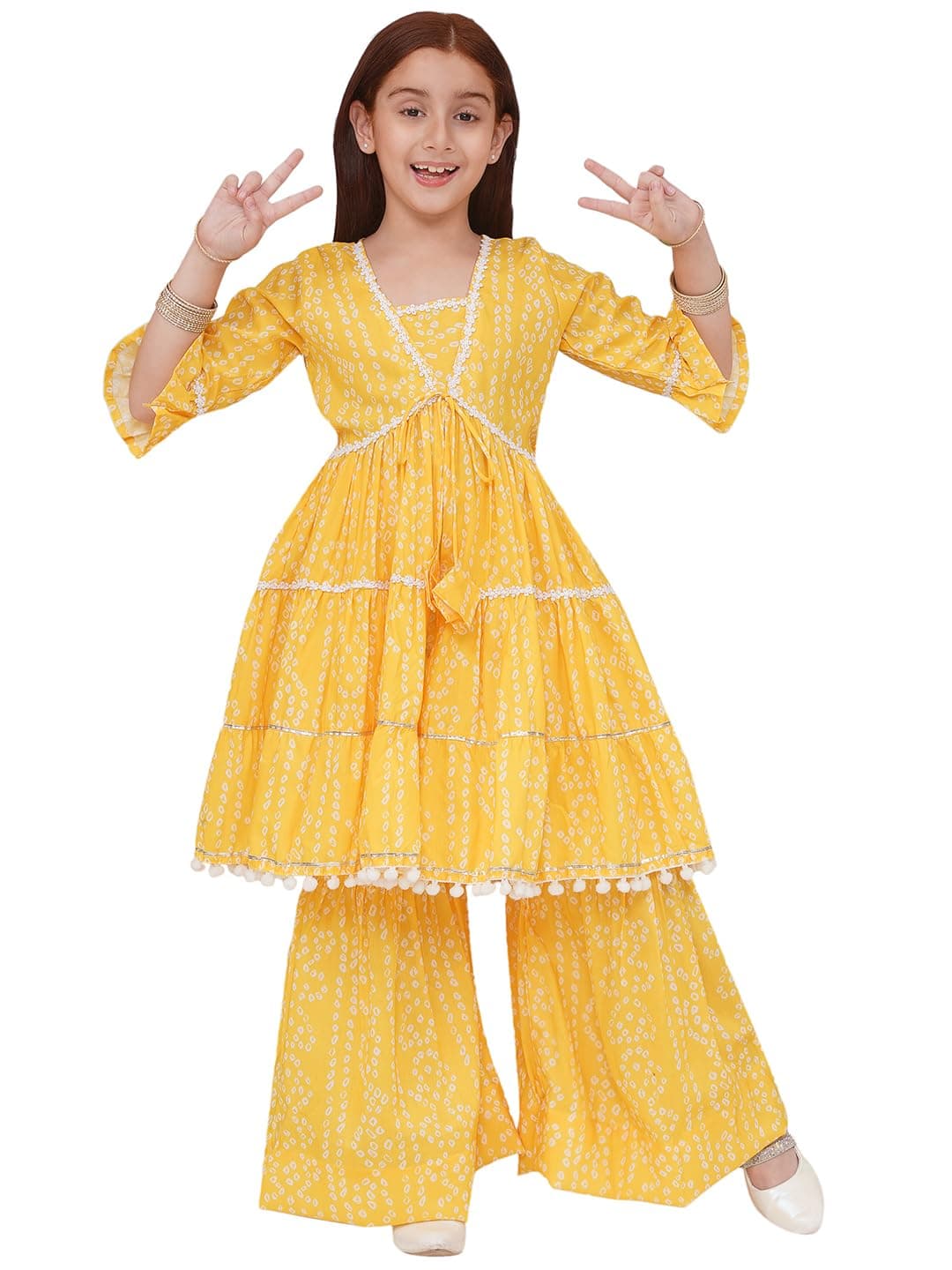 Preneum Girl's Cotton Rayon Bandhani & Lahariya Printed Angrakha Kurta with Sharara & Dupatta, Yellow, 11 Years-12 Years
