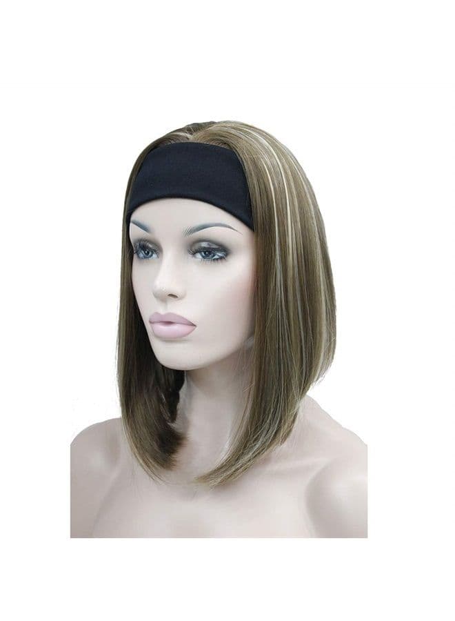 Short Straight Bob Headband Wig 3/4 wig short half Synthetic hair wig (12TT26 Brown with Highlights)