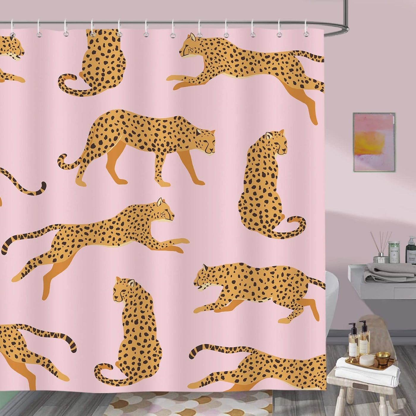 Bonhause Pink Leopard Shower Curtain Trendy Cheetah Tropical Animal Bathroom Curtain 72x72 Inch Polyester Fabric Waterproof Bath Curtain with 12 Hooks