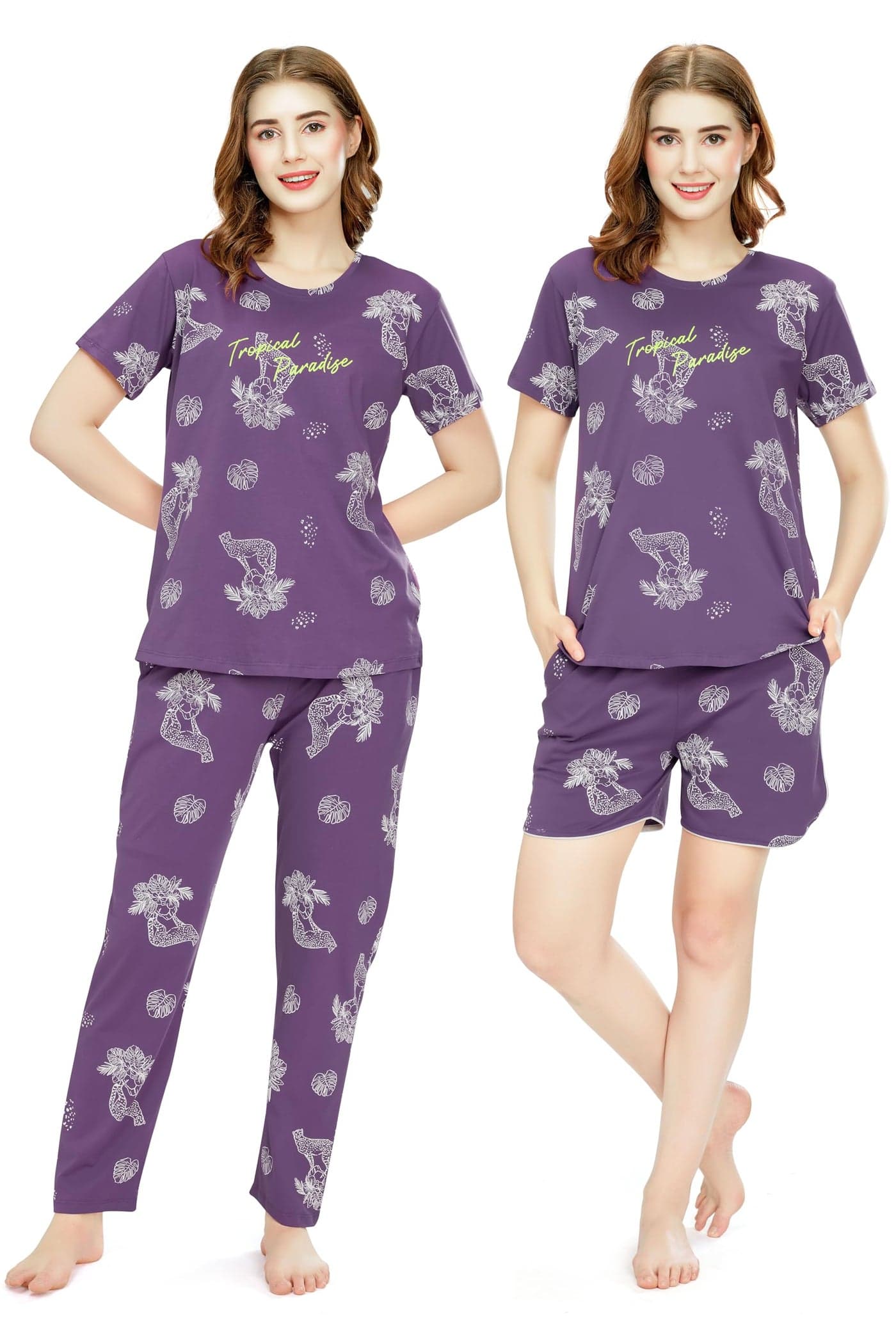 ZEYO Night Suit for Women's Violet Cheetah & Floral Printed Cotton Night Dress of Top,Pajama & Short's 3Pc'S Set 5733