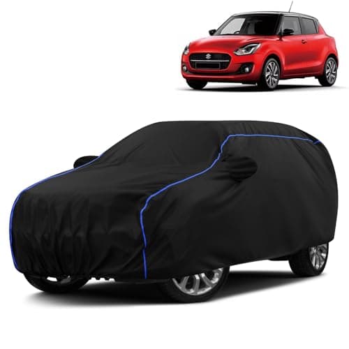 VOICO Water-Resistant Dustproof Car Cover for Maruti Swift VXI - Mirror Pocket, UV Protection, Scratch Guard, Buckle Belt, Front & Back Bottom Elastic with Blue Piping - Black
