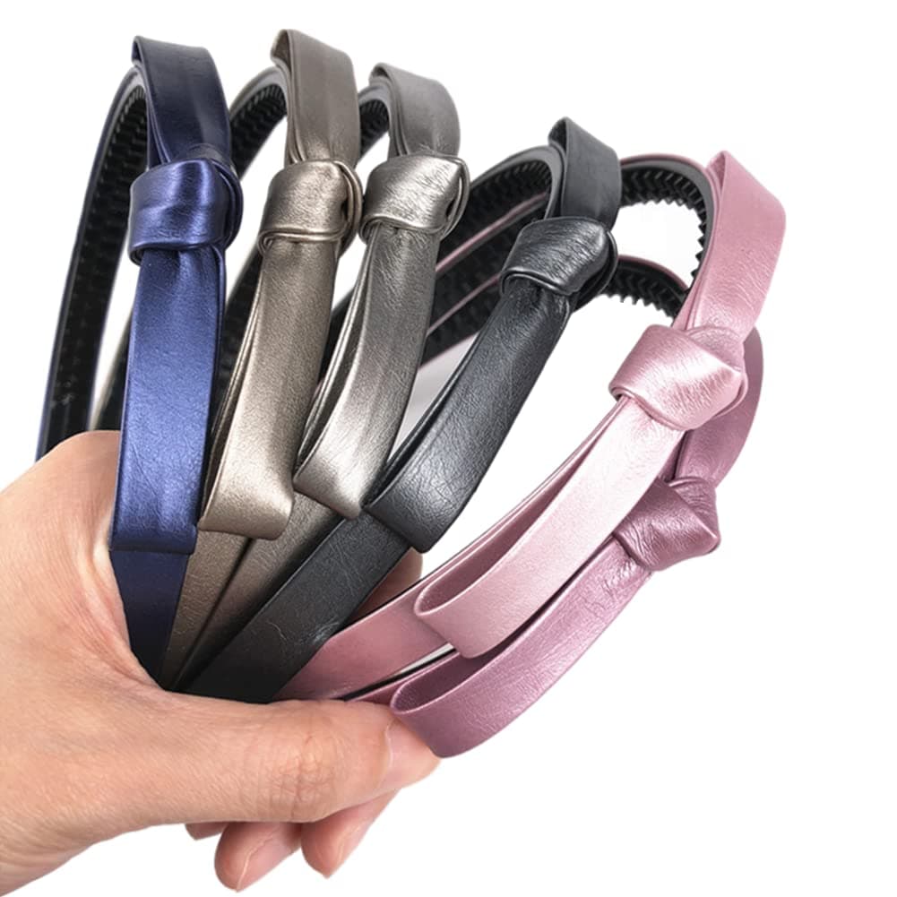 Ruihfas 6Pcs Leather Bow Hair Hoop Band Fashion Bowknot Teeth Comb Headbands Hairband Hair Accessories for Women Girls Bright