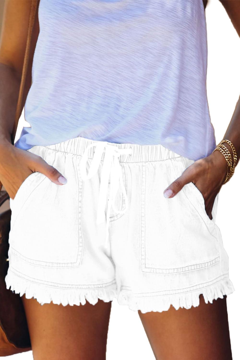 YOCUR Women's Denim Shorts Flowy Fashion Elastic Waist Tassel Distressed Drawstring Lounge Jean Shorts White M