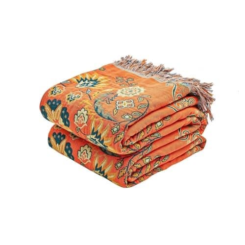 XIBLC Boho Throw Blanket, 100% Cotton Ultra Soft Luxury Throw Rustic Quilt, 60"x80" Floral Printed Farmhouse Decor Bed Summer Blankets, All Season Rustic Reversible Bohemian Throw for Bed - Orange