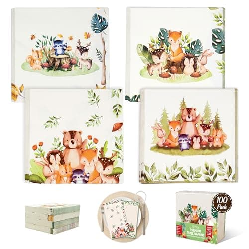 Decorably 3-Ply 100 Pack Disposable Cocktail Woodland Baby Napkins - 5x5in 4 Forest Animals Designs Folded Square, for Beverage, Appetizers, Dinner, Tea & Garden Party, Birthday, Wedding, Baby Shower