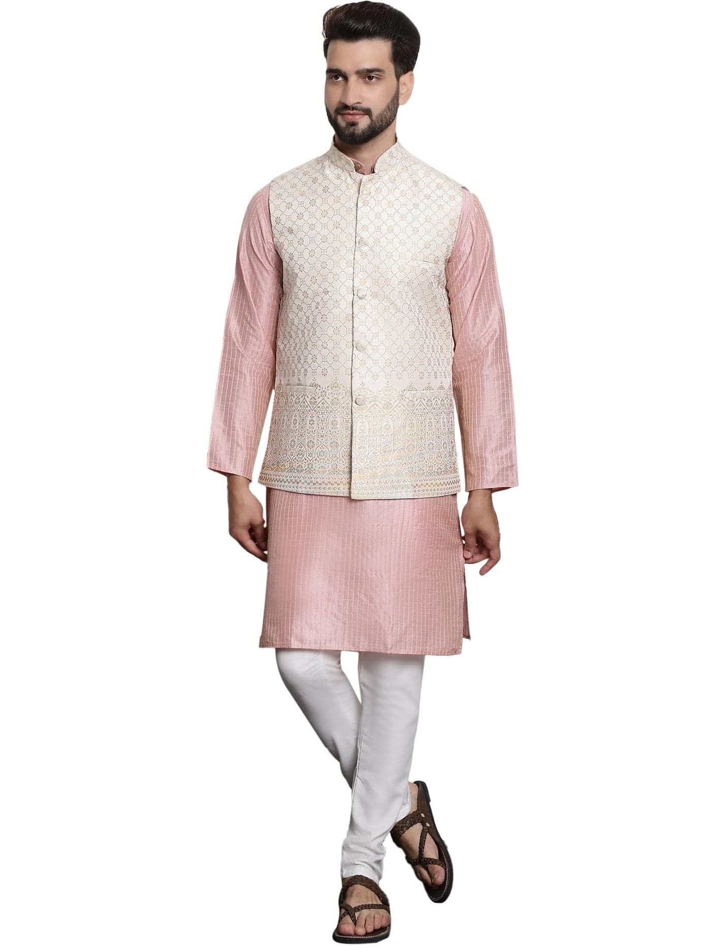 SOJANYA (Since 1958 Men's Silk Blend Pink Kurta and Off-White Pyjama With Cream Nehru Jacket