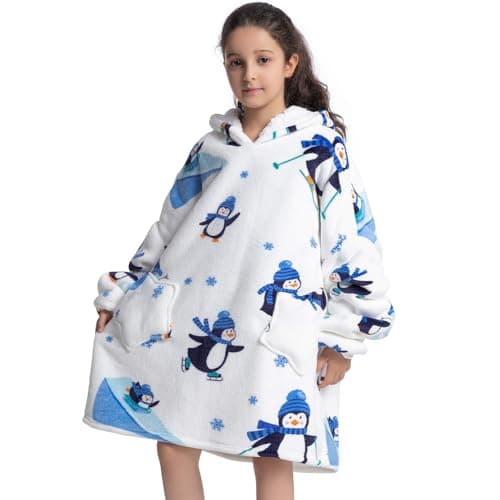 Wearable Blanket Hoodie for Kids 6-12YR Animal Oversized Hooded Blanket Super Soft Comfortable Warm Flannel Ice Penguin